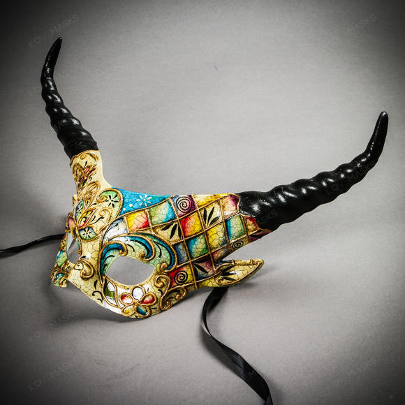 Krampus Black Horn Crackle Animal Devil Party Mask - White Gold - Picture 3 of 10